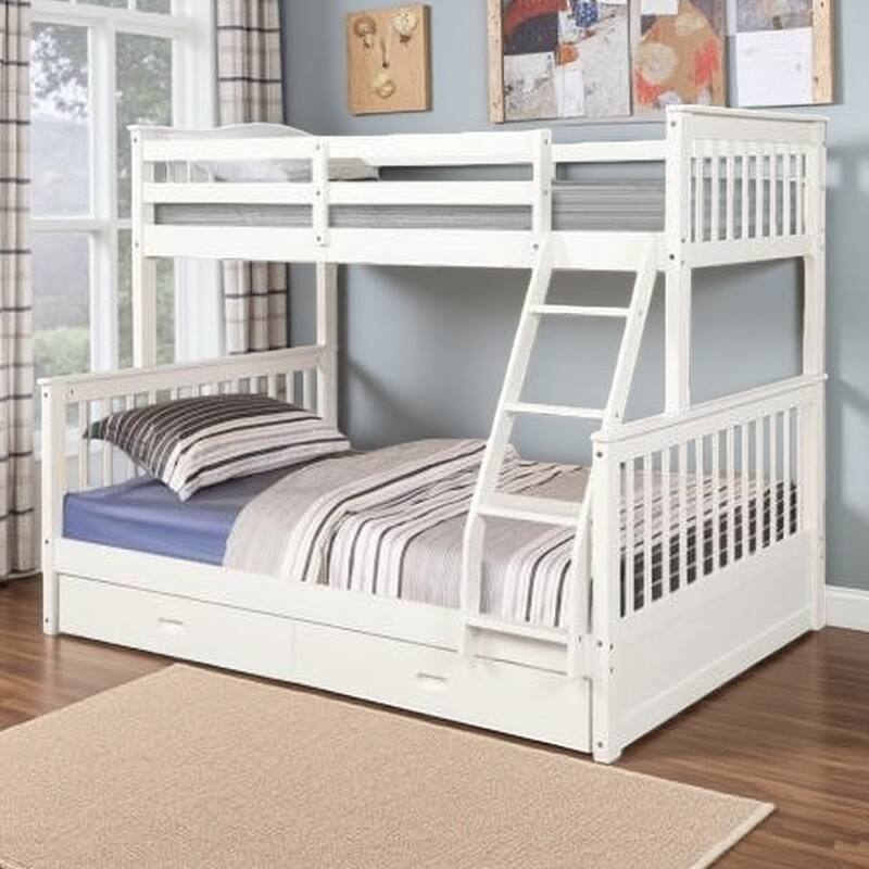 Twin Over Full Bunk with Pine Wood Construction, Storage Drawers and Safety Rails - White