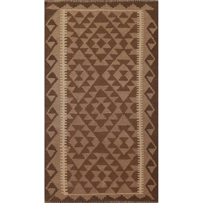 Flat-weave Kilim Rug Oriental Brown Wool Carpet - 3'1" x 5'1"