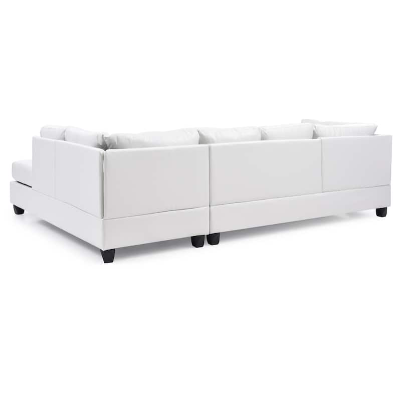 Reversible Faux Leather 4-Seater Sectional Sofa with Throw Pillows - 111" - White