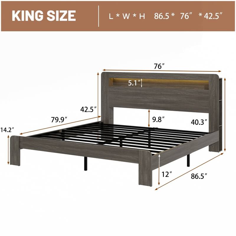 Wood Platform Bed Frame with Storage LED Light Headboard and 2 USB