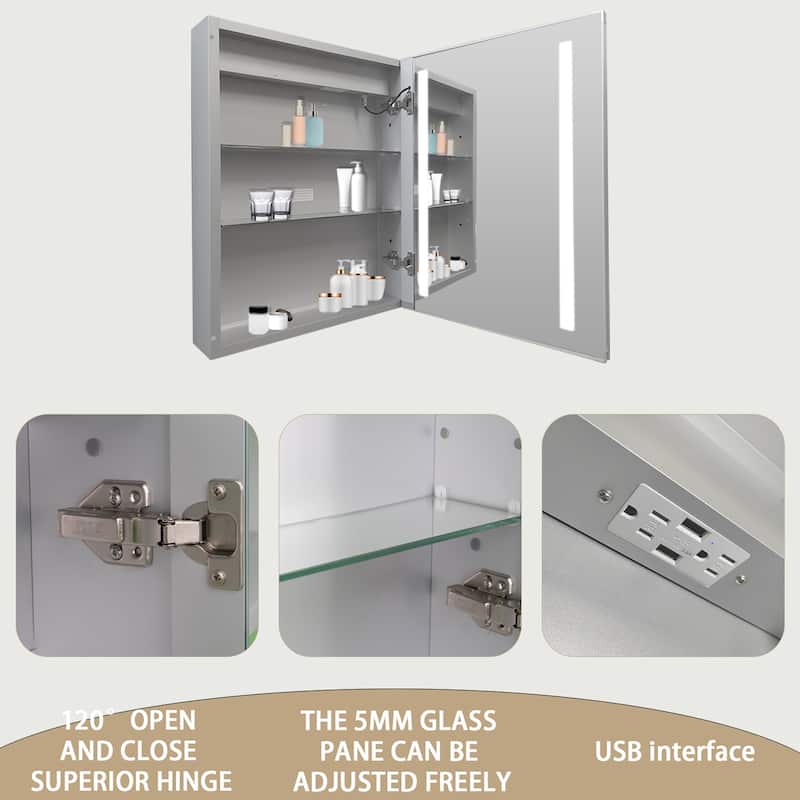 20''x26'' Recessed or Surface Mounted Anti-Fog LED Lighted Bathroom Medicine Cabinet with Mirror - Right Hinge