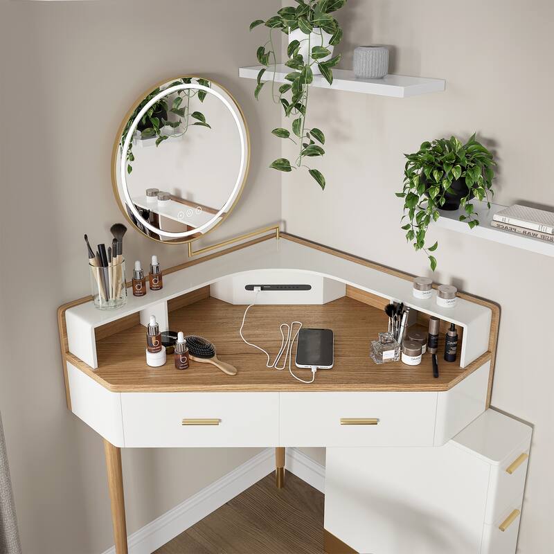 Modern Corner Makeup Vanity Table with LED Lighted Mirror, Vanity Desk with 5 Drawers, Piano Finish, Solid Wood Legs, Stool