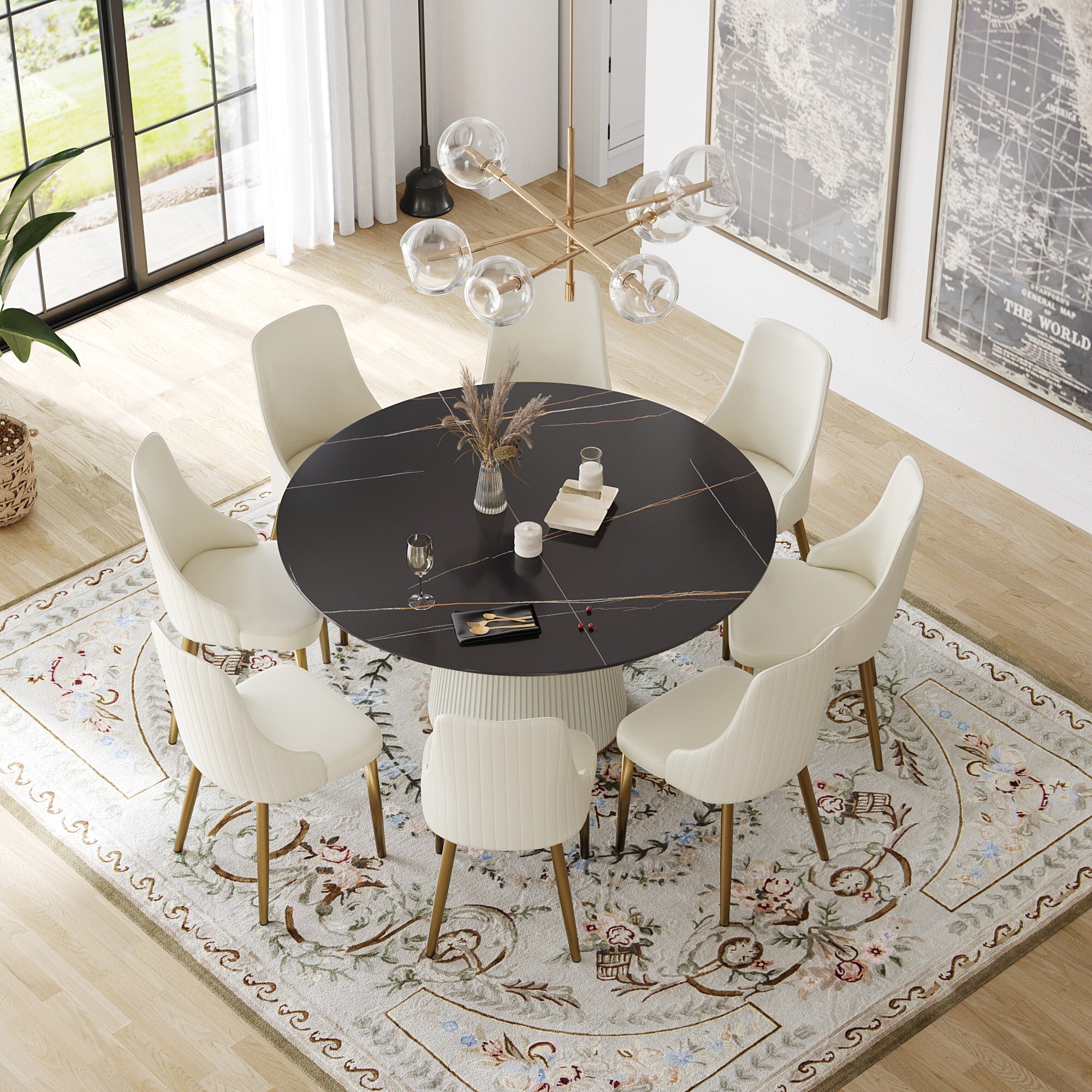59 Modern Round Dining Table for 8 Black Sintered Stone Tabletop with Lazy Susan