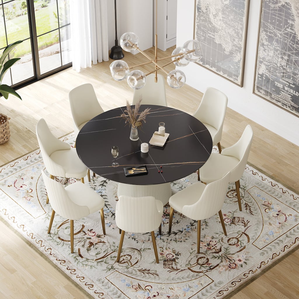 59 Inch Modern Round Marble Dining Table for 8 with Round White Wood Legs, Mid-Century Modern Kitchen Table