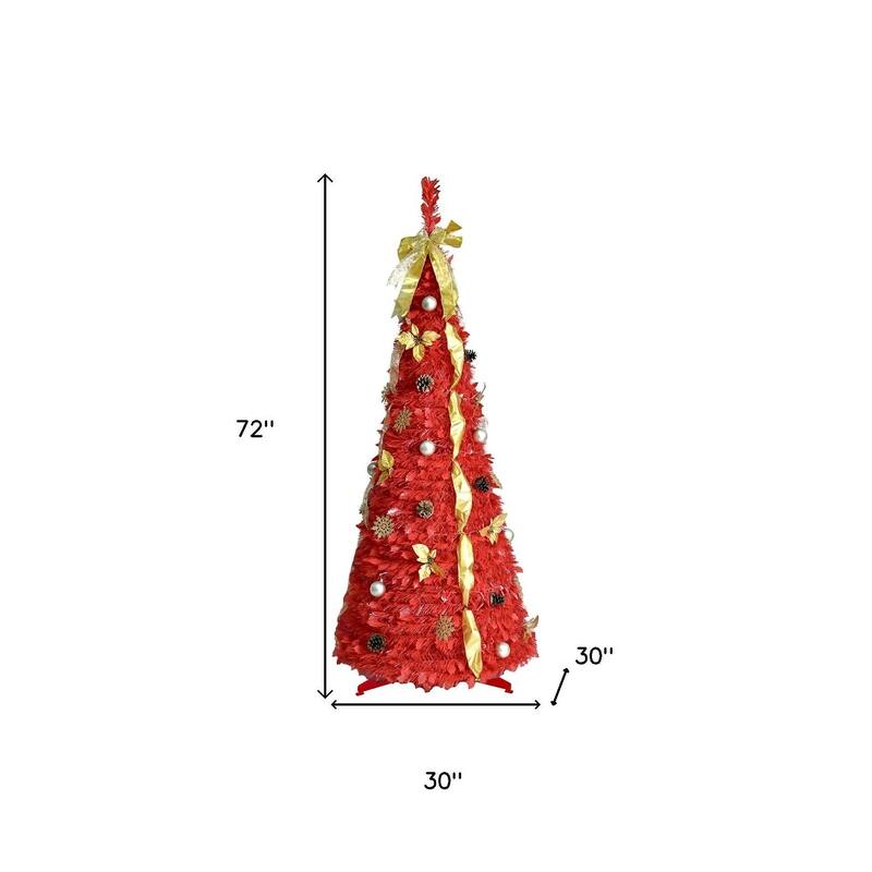 HomeRoots 6' Red Tinsel Pre Lit Pop Up Christmas Tree With Decorations - 30.00 in. x 72.00 in. x 30.00 in.