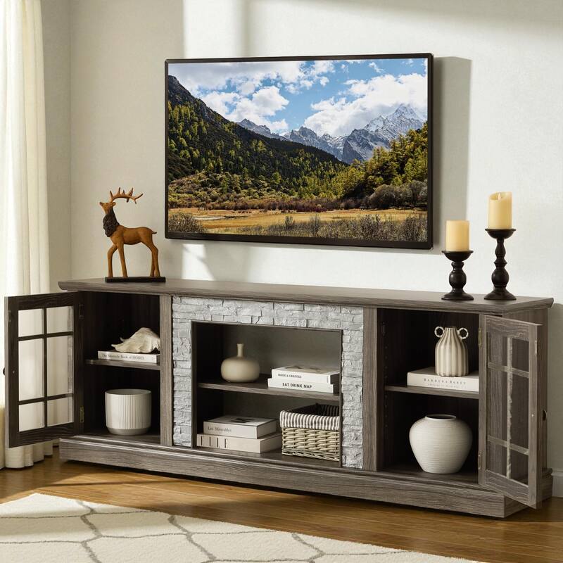70'' Modern TV Stand for 75'' TV, Faux Stone Media Console with Cabinets, Cable Management & Adjustable Shelves