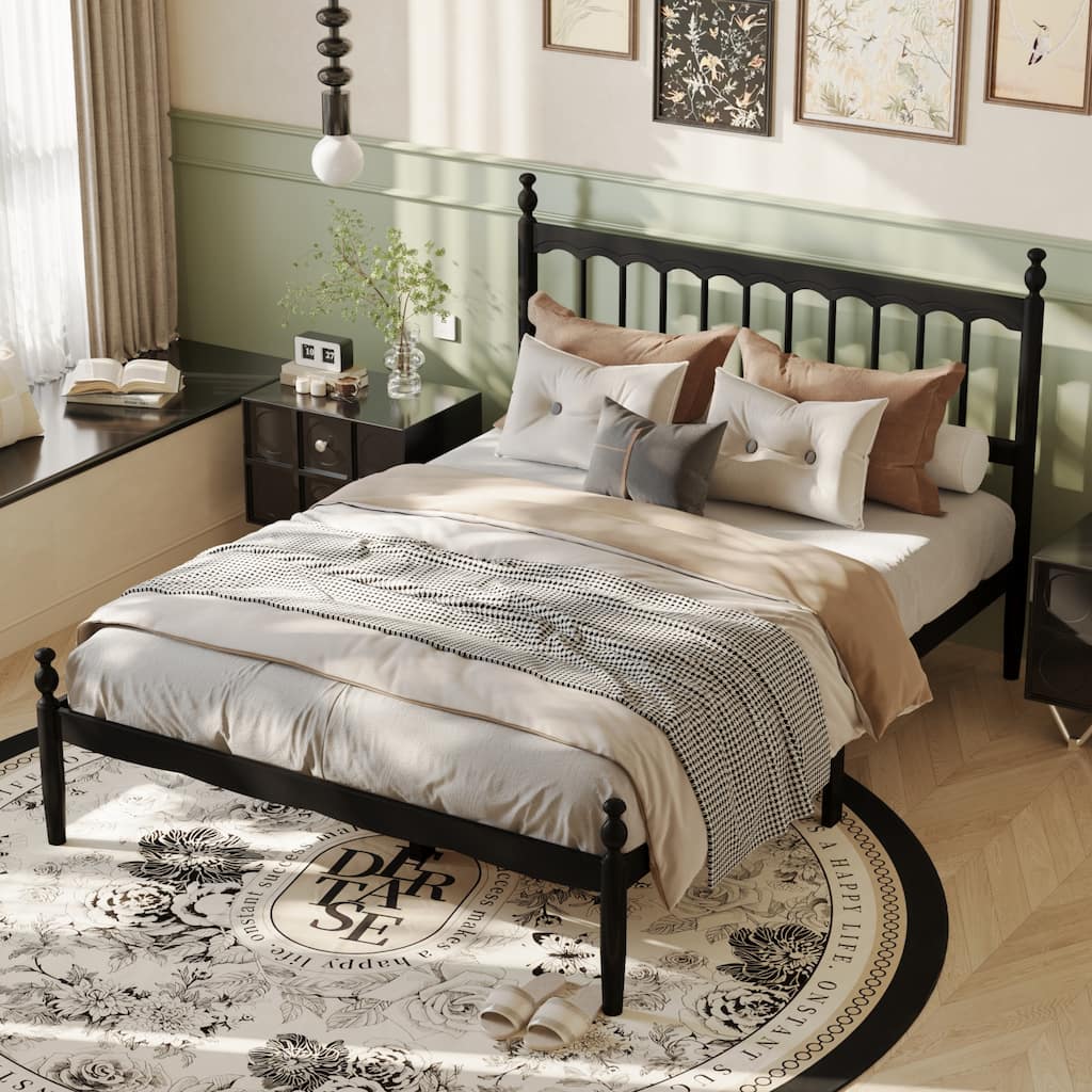 Solid Wood Bed Frame: Classic American - style Design with Black Finish and Rounded Post - tops