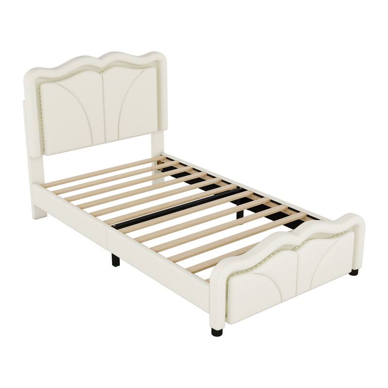 Bright White Twin Upholstered Platform Bed with Curve Headboard & LEDs!