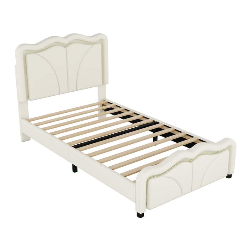 Twin Size Upholstered Platform Bed with Adjustable Headboard and LED Lights, White