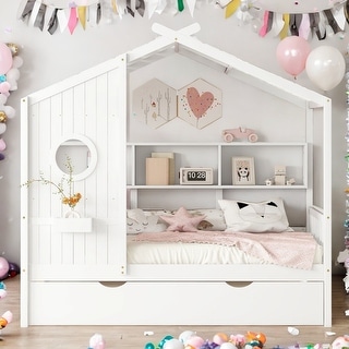 Twin Size House Bed with Trundle and Storage Shelf
