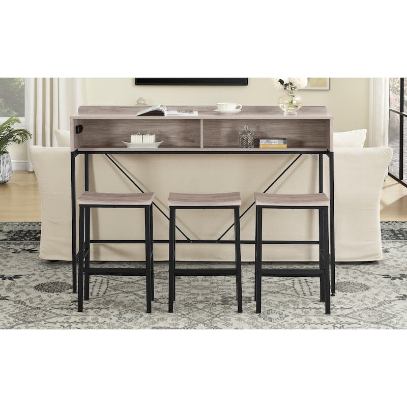 59 Inch Bar Table, Dining Table, Sofa Table with Power Socket and Led Light, 3 Saddle Stools, 4-Piece Bar Table and Chairs Set