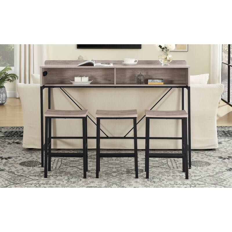 59 inch bar table, dining table, sofa table with power socket and LED light, 3 saddle stools, 4-piece bar table and chai