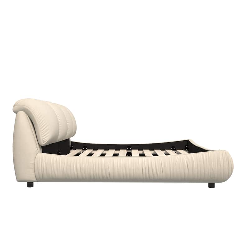 King Size Upholstered Bed Frame with Extra-Wide Cushioned Headboard, Solid Pine Slats & Adjustable Mattress Height