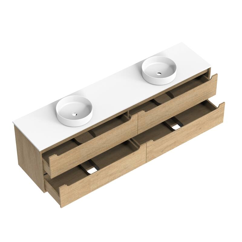 84" Solid Wood Bathroom Vanity with White Quartz Countertop Ceramic Vessel Sink - Round Sink