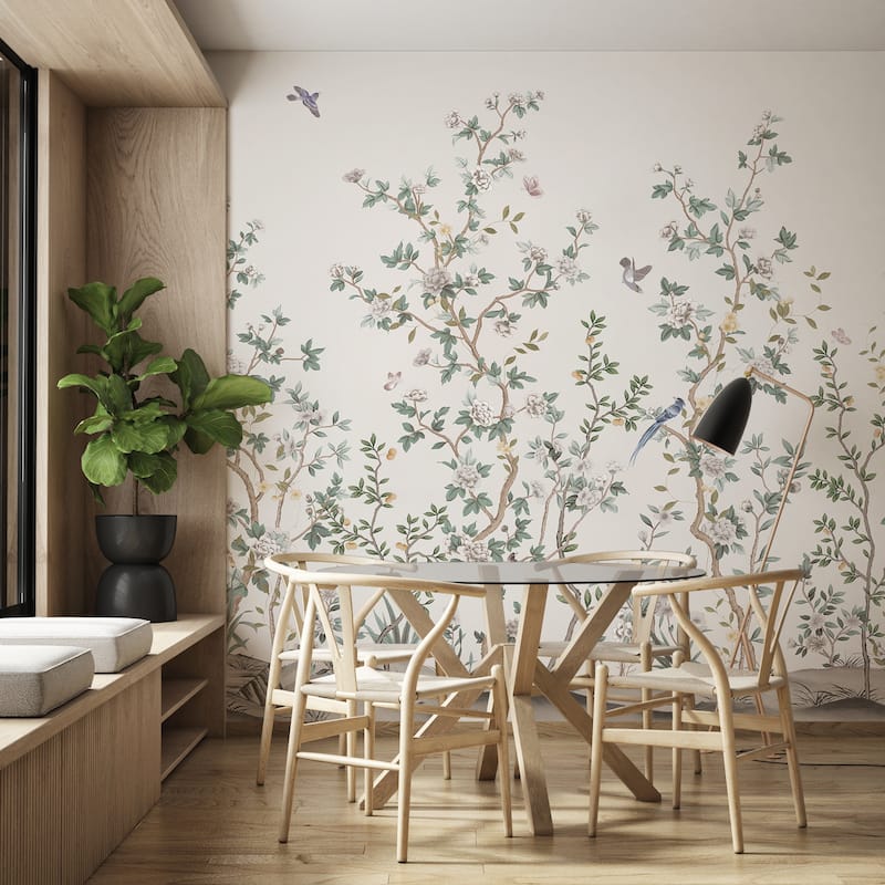 Whispering Blooms Hand-Painted Floral Landscape Wallpaper Mural - White - W:175" x H:118"
