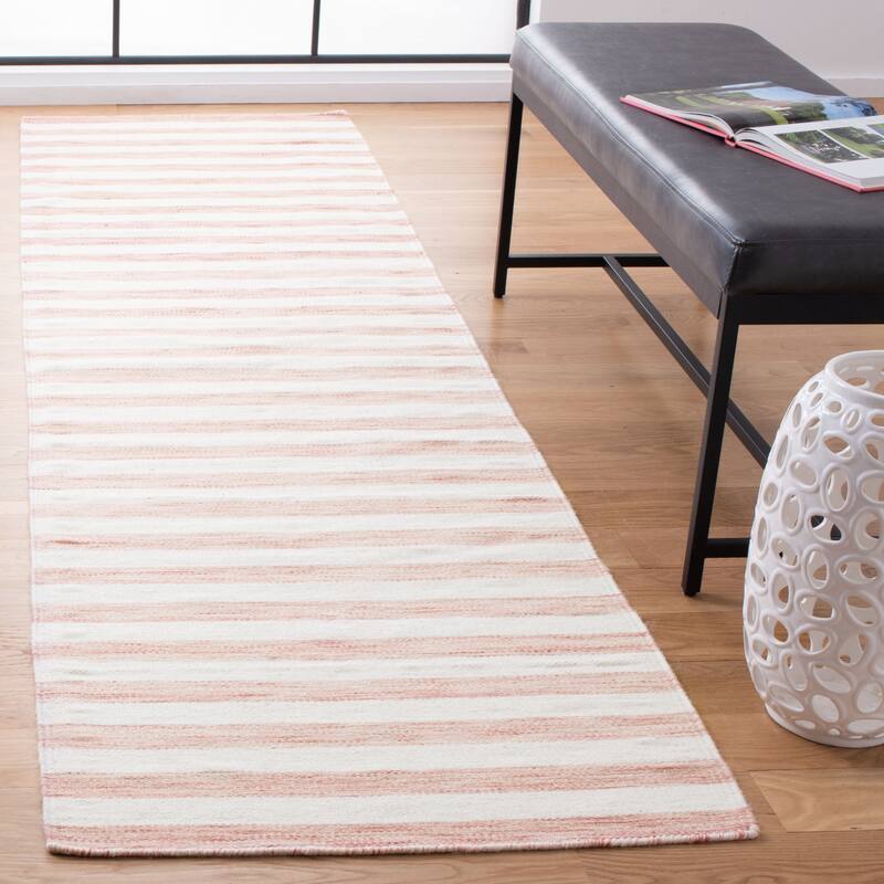 SAFAVIEH Dhurries Aiva Hand-knotted Stripe Area Rug - 2'6" x 10' Runner - Rust/Ivory