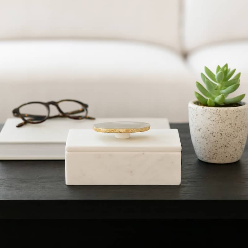 Marble Decorative Box with Agate Handle and Lid - 6" x 4" x 3"