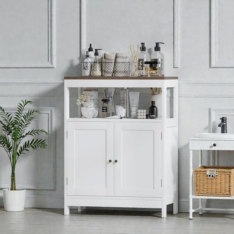 Modern Storage Cabinet with Double Doors, Freestanding Wood Organizer with Open Shelf and Natural Wood Top