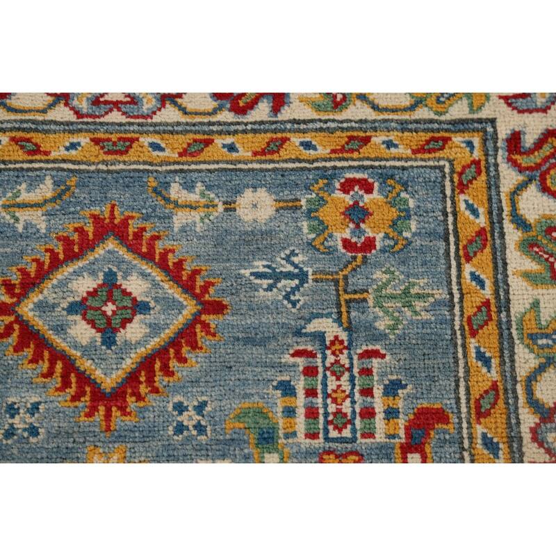 Light Blue Geometric Kazak Runner Rug Hand-Knotted Wool Carpet - 2'8" x 9'6"