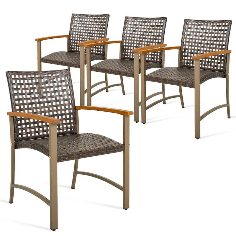 Set of 4 Outdoor Patio Wicker Dining Chairs w/ Acacia Wood Armrests - Brown