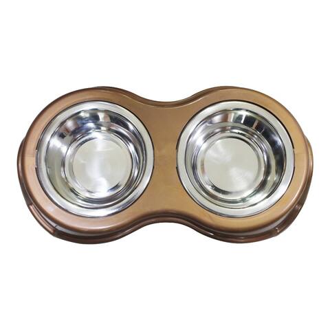 Plastic Framed Double Diner Pet Bowl in Stainless Steel, Large, Gold and Silver-Set of 12