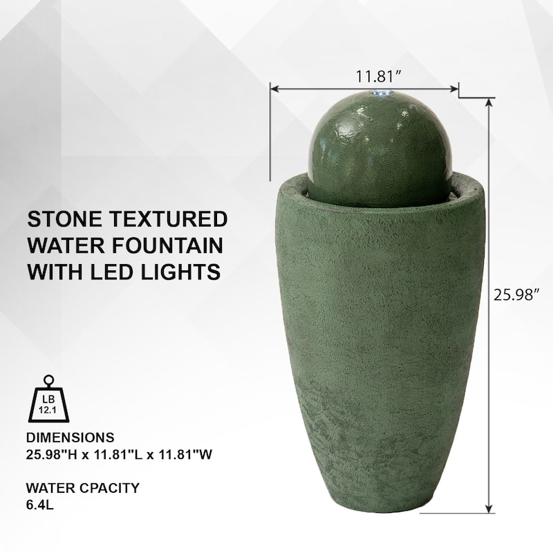 XBrand 25.98"H Modern Round Stone Textured Sphere Water Fountain w/LED Lights, For Indoor/Outdoor, Ball Water Fountain