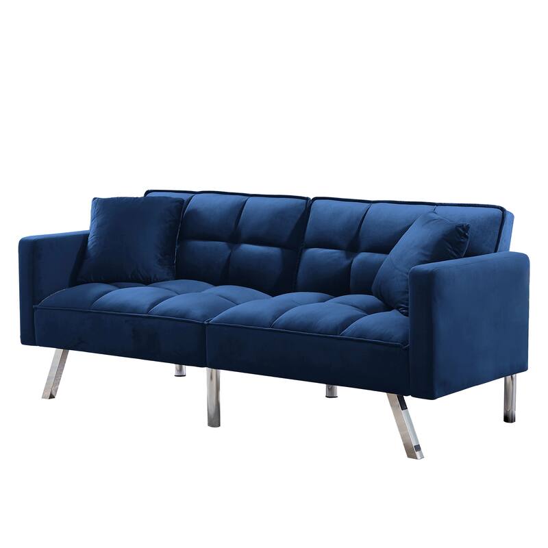 Velvet Futon Sofa Bed with Two Pillows, Convertible Sleeper Sofa Couch with 3 Angle Adjustable Backrest, Modern Loveseat