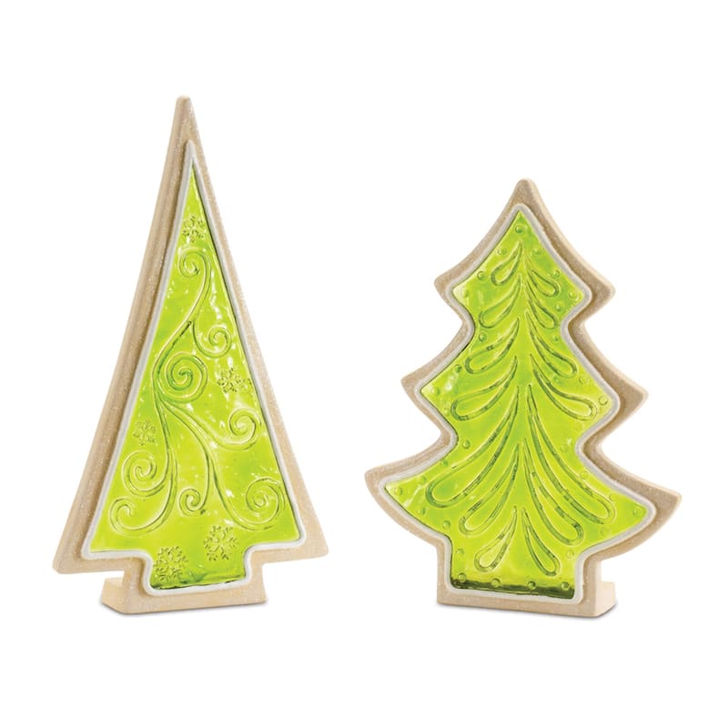 Frosted Cookie Christmas Tree Decor Set of 2 Resin Holiday Figurines - 7.5” x 1.75” x 10.25” - Green