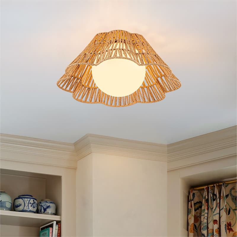 17.9'' Frosted Glass Natural Rattan Semi Flush Mount 1-Light