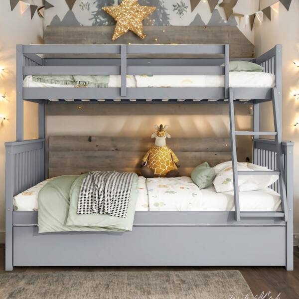 slide 2 of 12, Grey Twin over Full Wood Bunk Bed Convertible Beds with Twin Size Pull-Out Trundle Grey