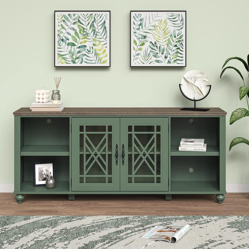 Vintage TV Stand with Carved Doors for Large Size TV - 70"W x 30"H x 15.5"D - Green