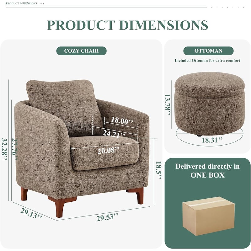 Sherpa Accent Chair with Storage Ottoman Set, Upholstered Barrel Club Arm Chair with Footrest Set of 1/2