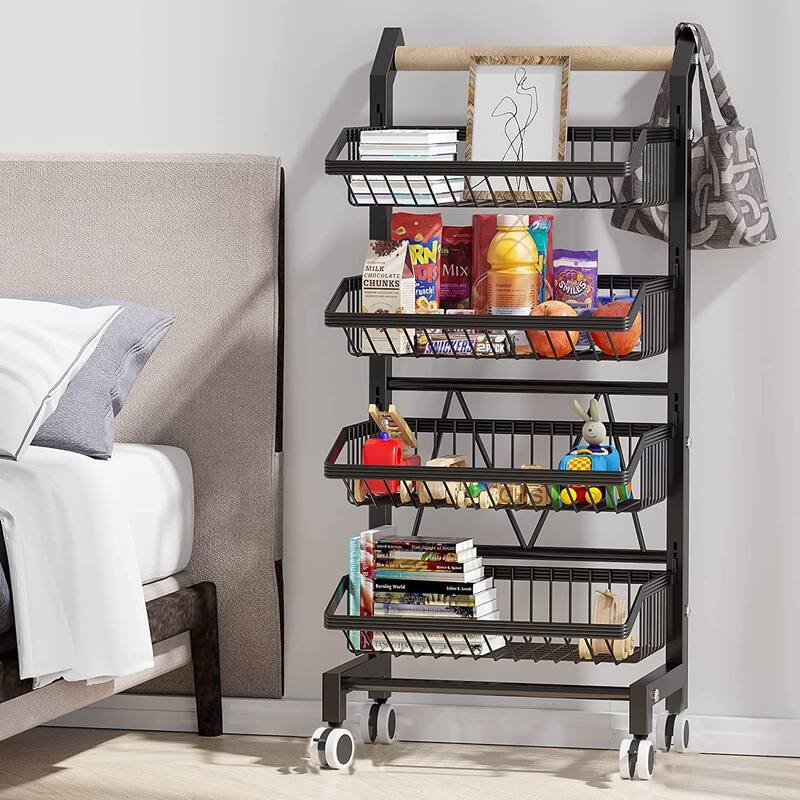 Snack Cart with Wheels 4-Tier Adjustable Fruit Rack Fruit Vegetable Basket Cart Metal Wire Storage Cart Rolling Pantry Utility