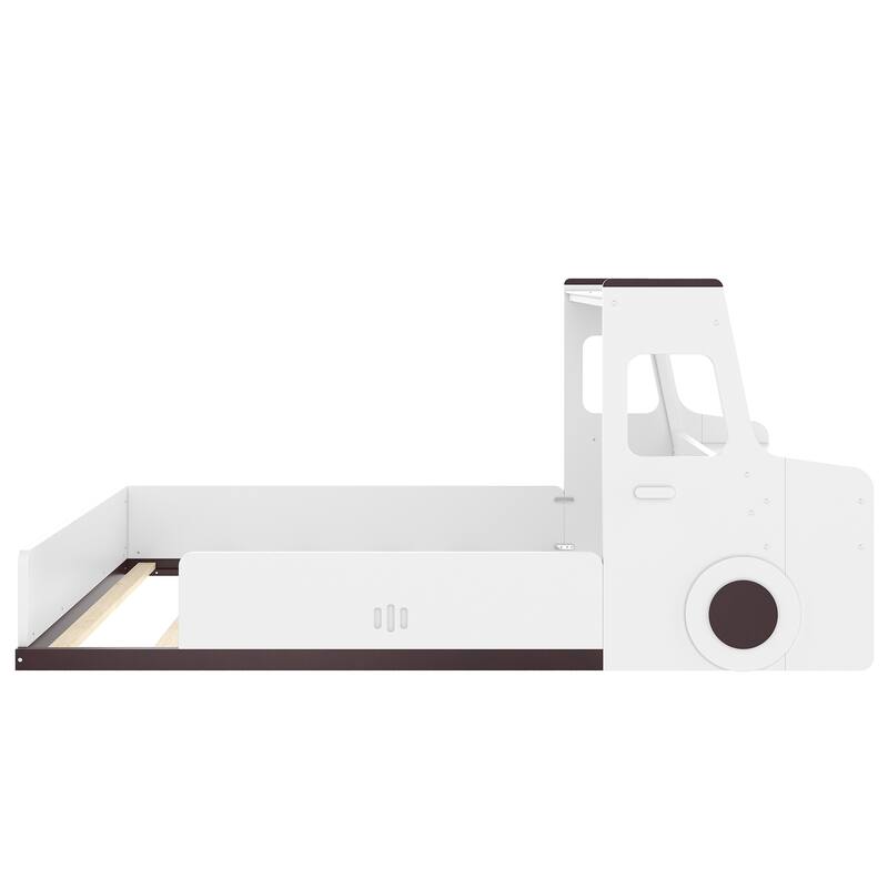Childlike Wooden Platform Bed Interesting Car-shaped Floor Bed Frame with Storage Drawers, Desk, Open Top Shelf and Headboard
