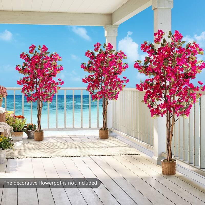 Gymax 6 FT Artificial Bougainvillea Tree Tall Faux Pre-potted Tree w/