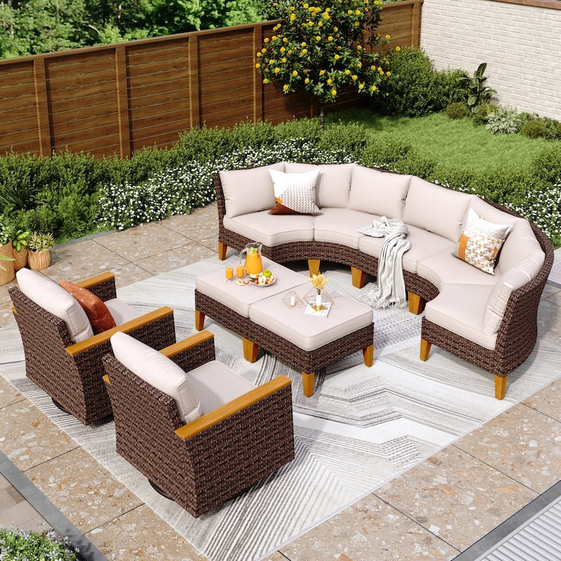 10 Piece Patio Wicker Rattan Furniture Set, Half-Moon Rattan Conversation sets with 2 X Swivel Chair Sofa and Firepit Table - 9-Seat