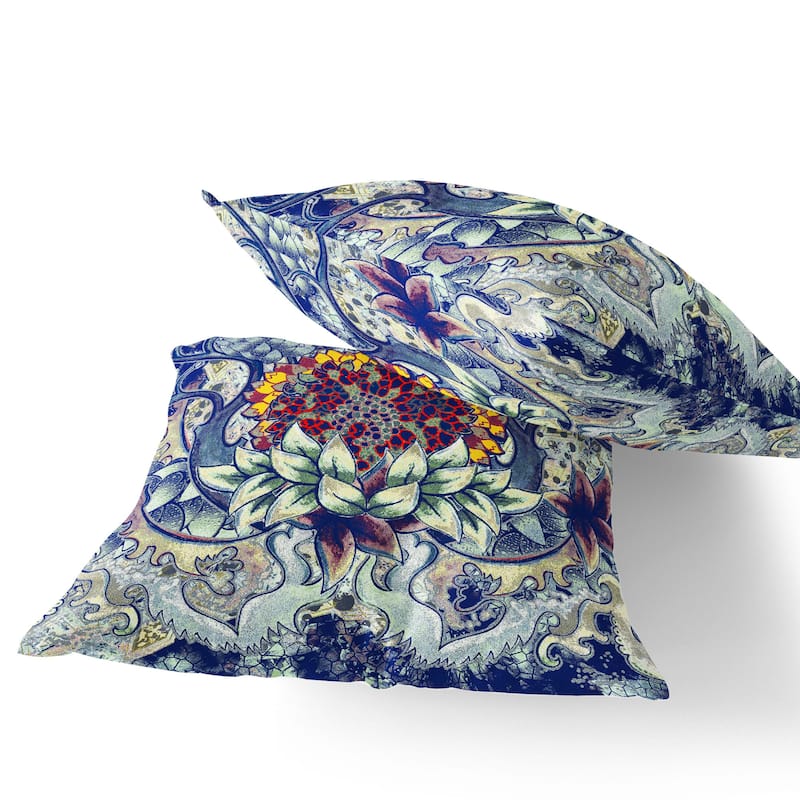 HomeRoots Set of Two 16" X 16" Blue and Yellow Blown Seam Floral Indoor Outdoor Throw Pillow - 16.00' X '16.00' X '5.00