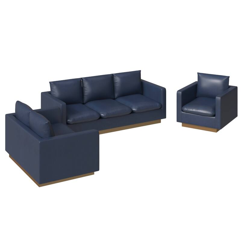 3-Piece Executive Leather Sofa Set with Brushed Gold Stainless Steel Base - Navy Blue