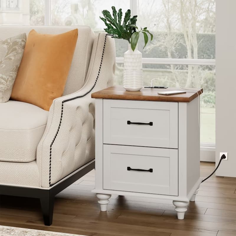 Mid Century End Table Nightstands with Charging Station & Drawer