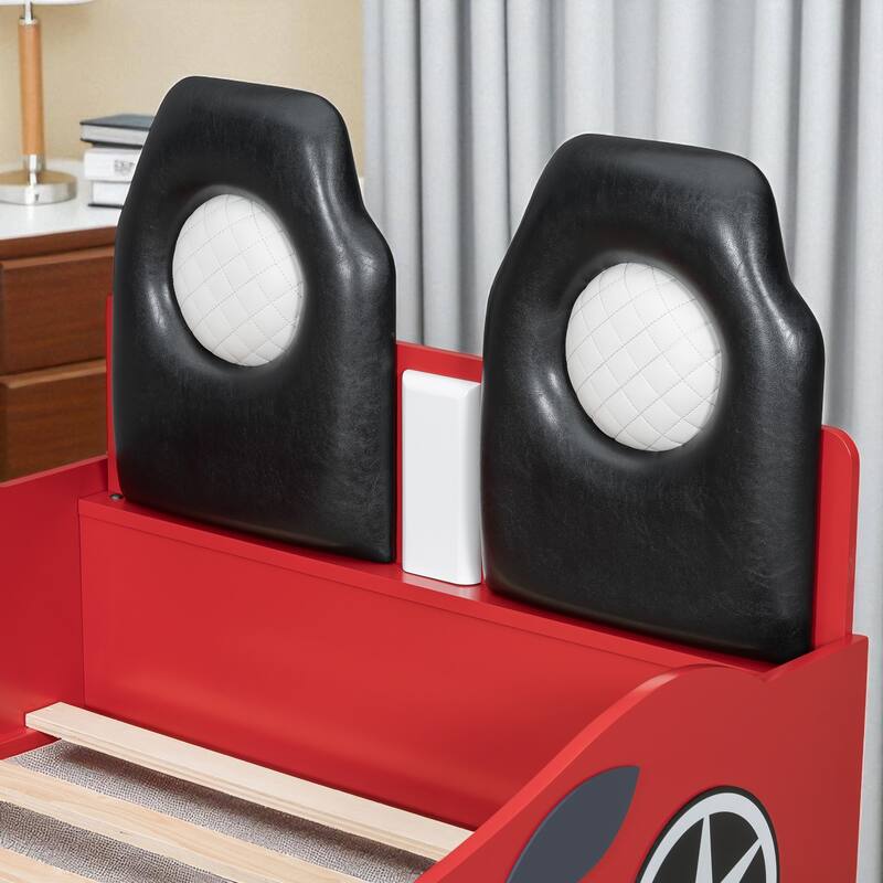 Twin Size Wood Race Car Platform Bed with LED Lights, Upholstered Backrest & Safety Rails