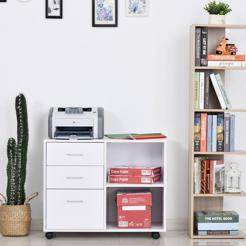 HOMCOM Indoor Office Storage Cabinet with 3 Storage Drawers, Open Shelving, & Wheels