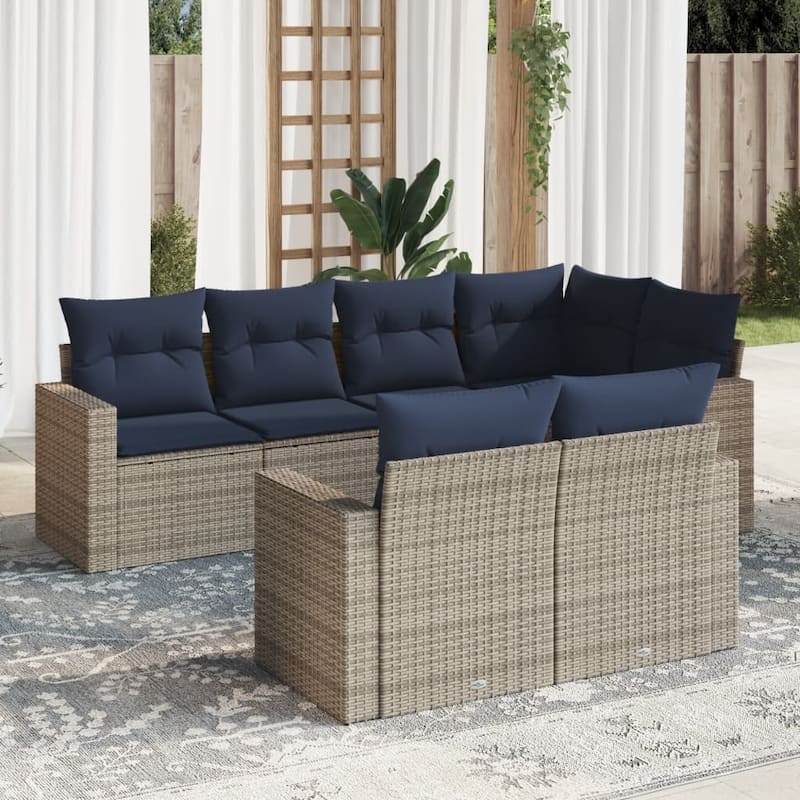 vidaXL Patio Sofa Set with Cushions Outdoor Furniture 7 Piece Poly Rattan - Beige and gray