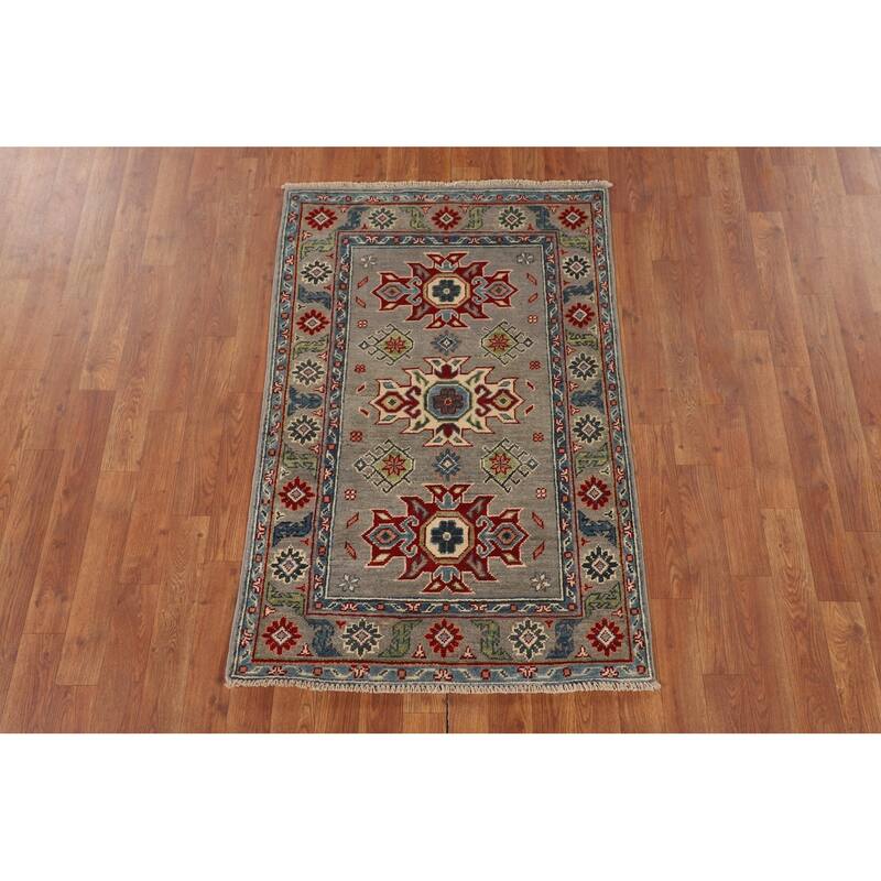 Gray Geometric Kazak Oriental Accent Rug Bedroom Handmade Wool Carpet - 2'8" x 4'2"