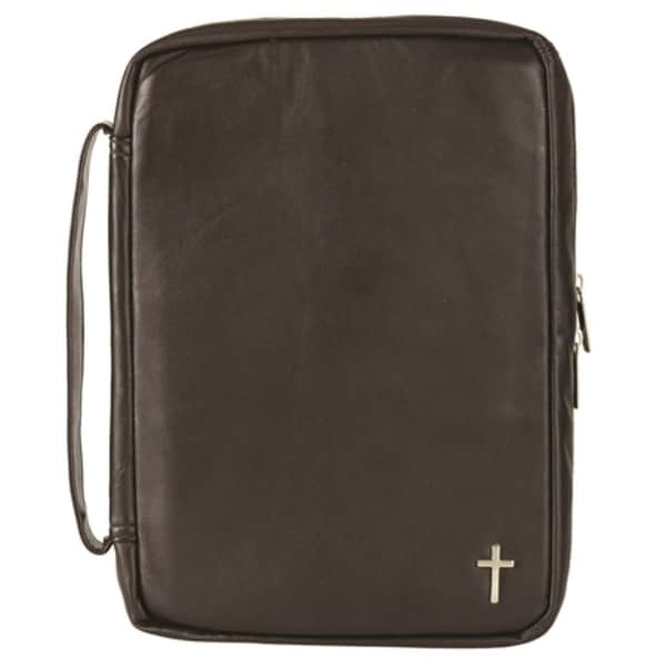 10.5" Brown and Silver Religious Themed Cross Embedded Zippered Bible Cover - N/A
