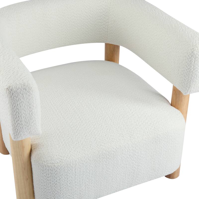 Roomfitters Boucle Upholstered Accent Arm Chair, Modern Lounge Barrel Seat, White+Natural