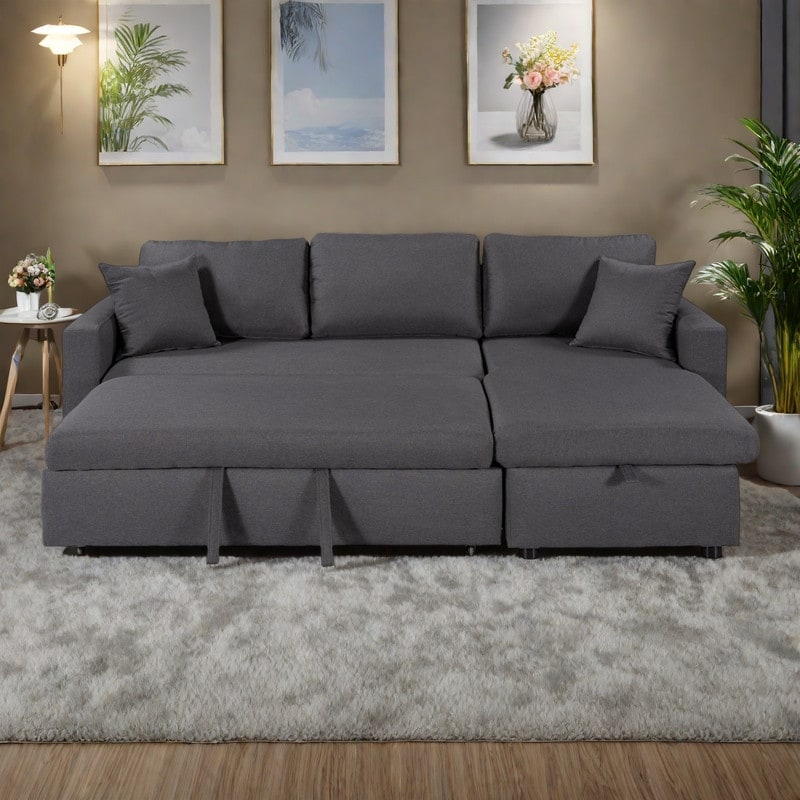 87.4" Upholstered Sleeper Sectional Sofa with Storage Chaise and Twin Fold-Out Bed