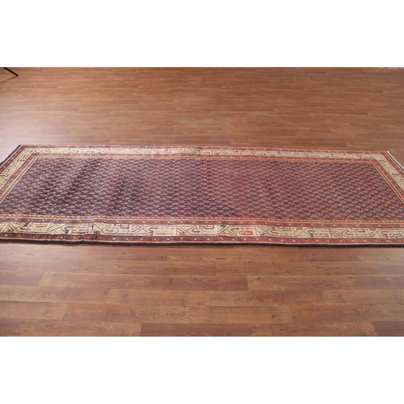 Hand Knotted Oriental 100% Wool Carpet Traditional All-Over Navy Blue & Blues Botemir Runner Rug - 10' 1'' X 3' 4''