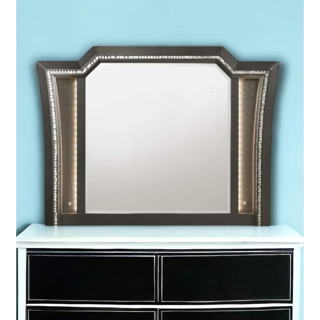 HomeRoots 38" Gunmetal Lighted Abstract Wood Framed Mounted Dresser Mirror - 51' X '38' X '1