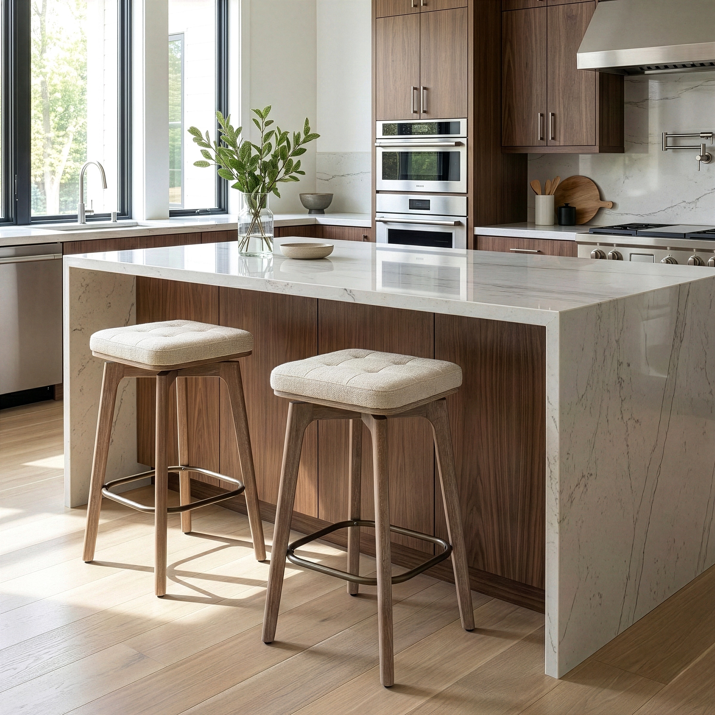 Beckham Beige Fabric Backless Counter Stool with Wood Legs (Set of 2)