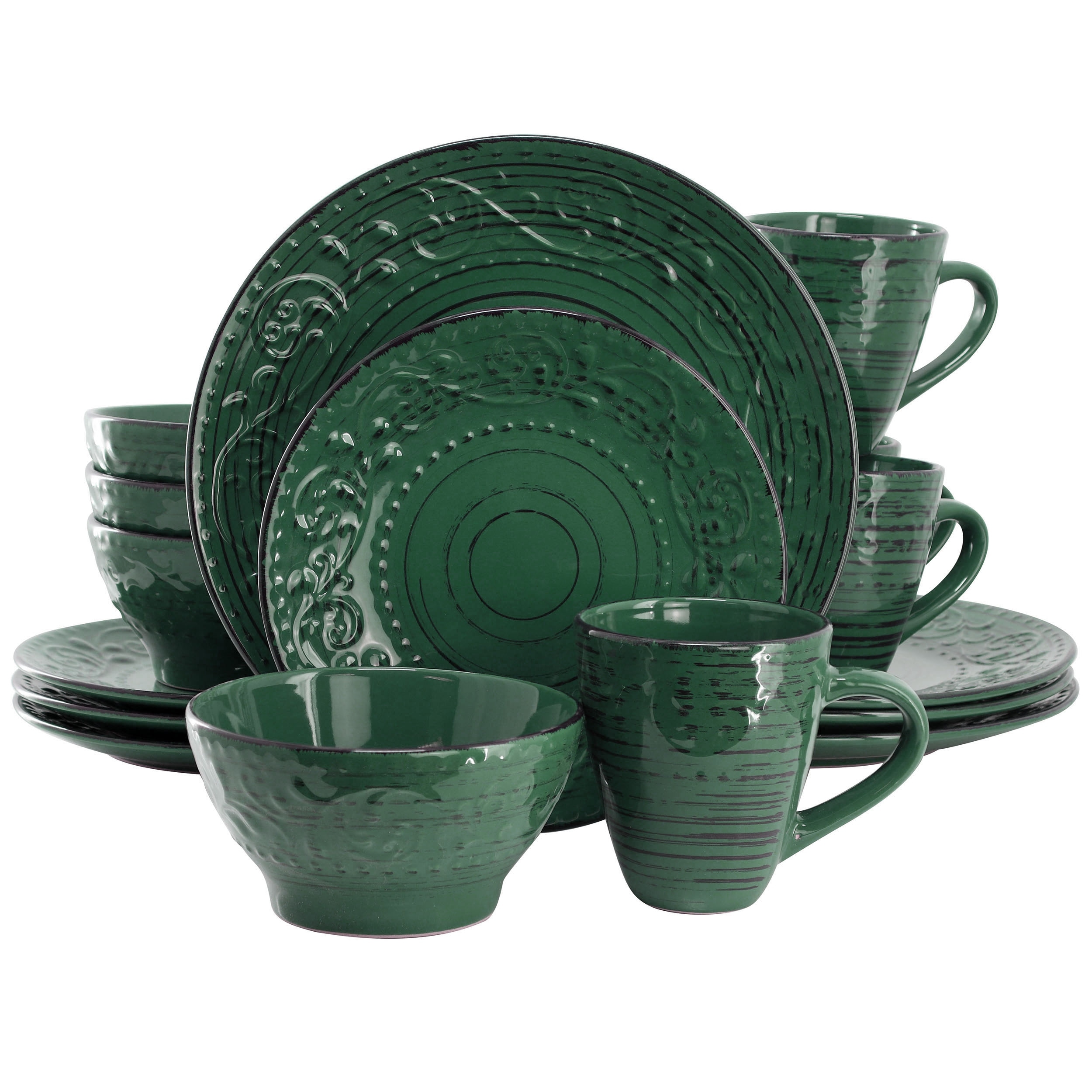 Elama Malibu Sea Glass 16-Piece Dinnerware Set in Dark Green